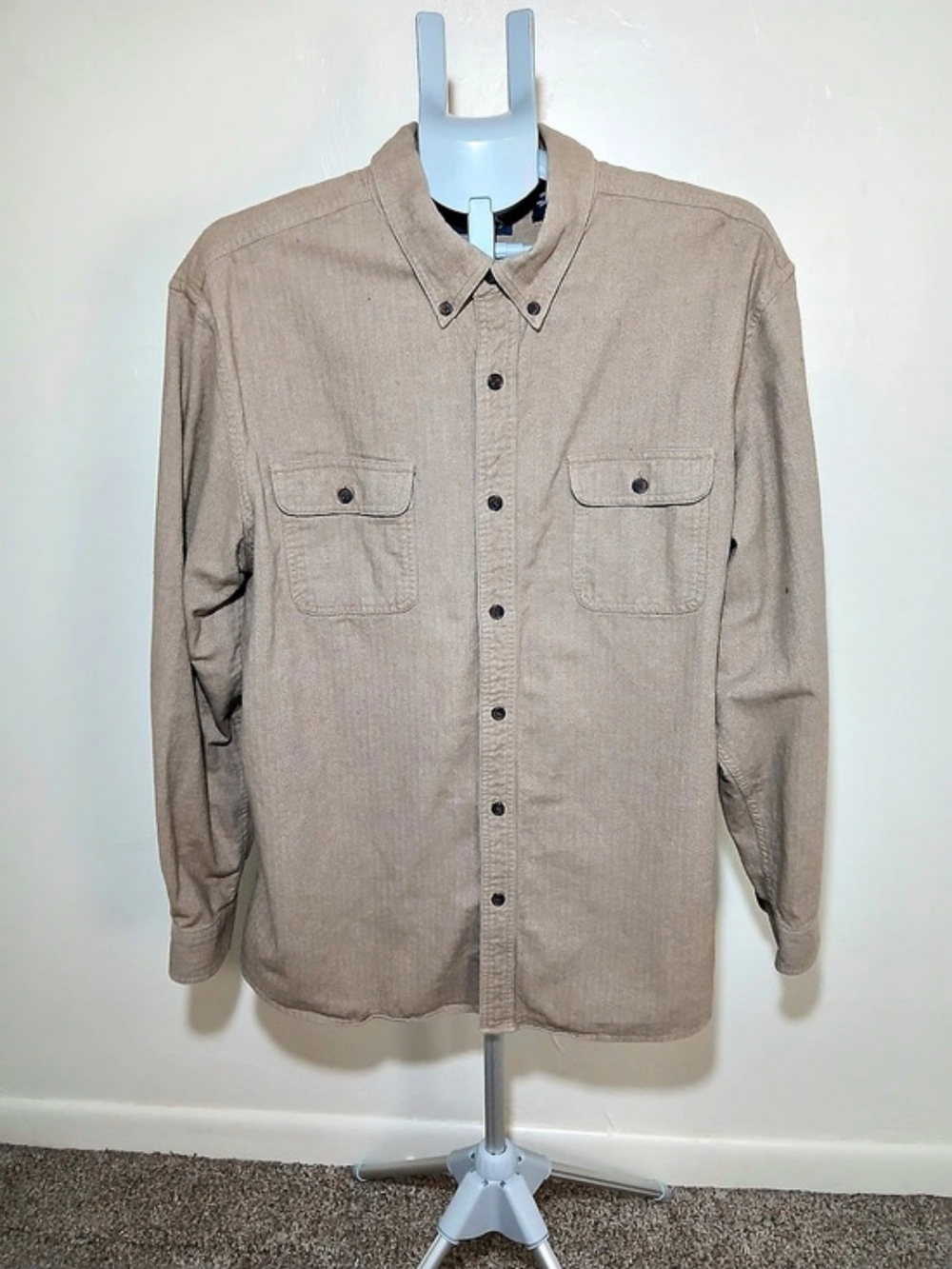 Chaps Men's XXL Herringbone Weave Patterned Cotton Button Down Light Brown Shirt